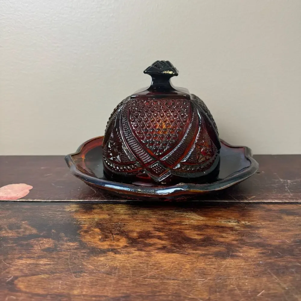 Vintage Depression Pressed Red Cadmium Glass Covered Butter Dish GLOWS